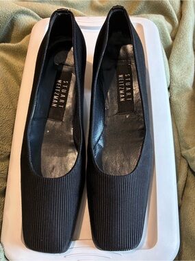 Stuart Weitzman Black Ribbed Square-Toe Flats